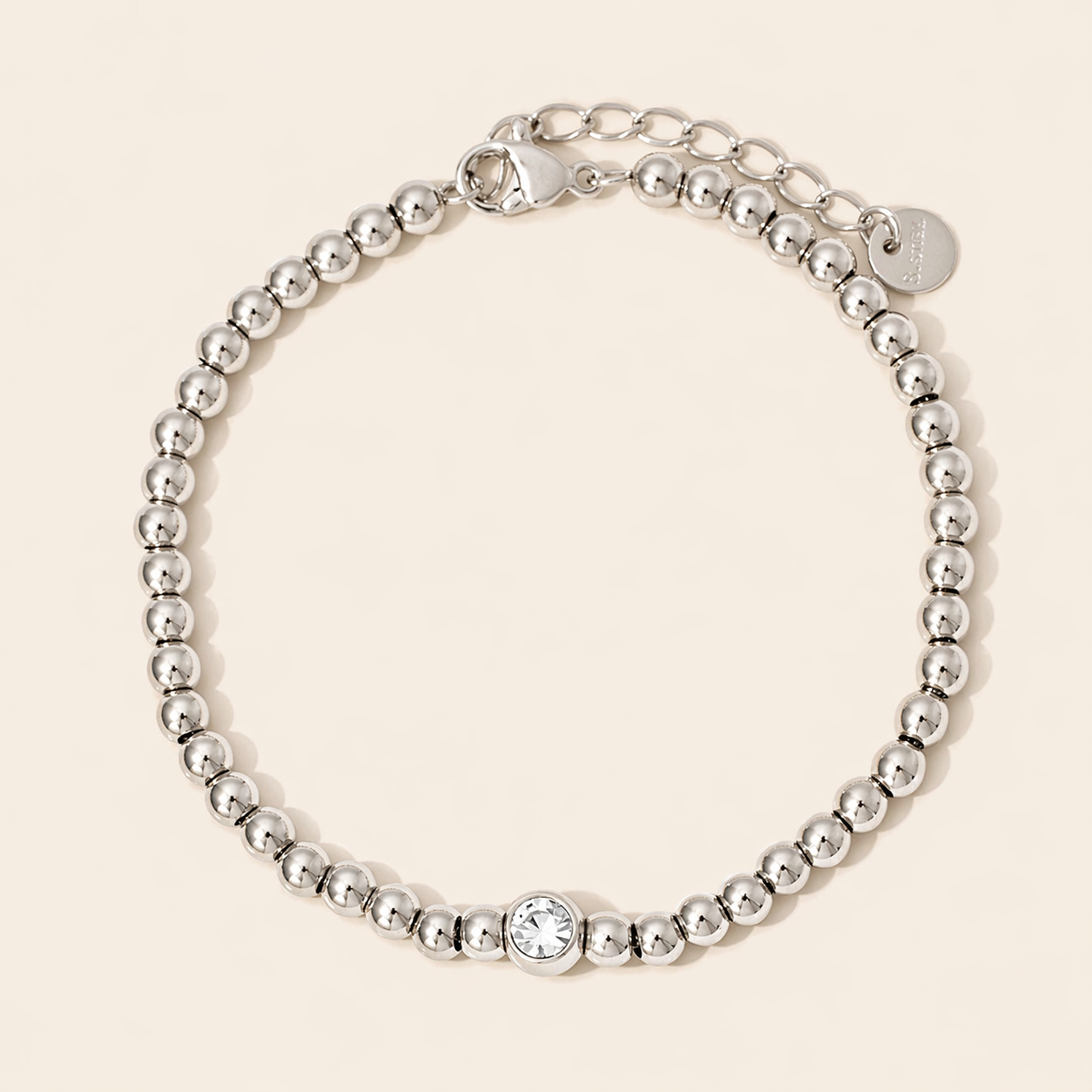Silver Beaded Bracelet with Zircon