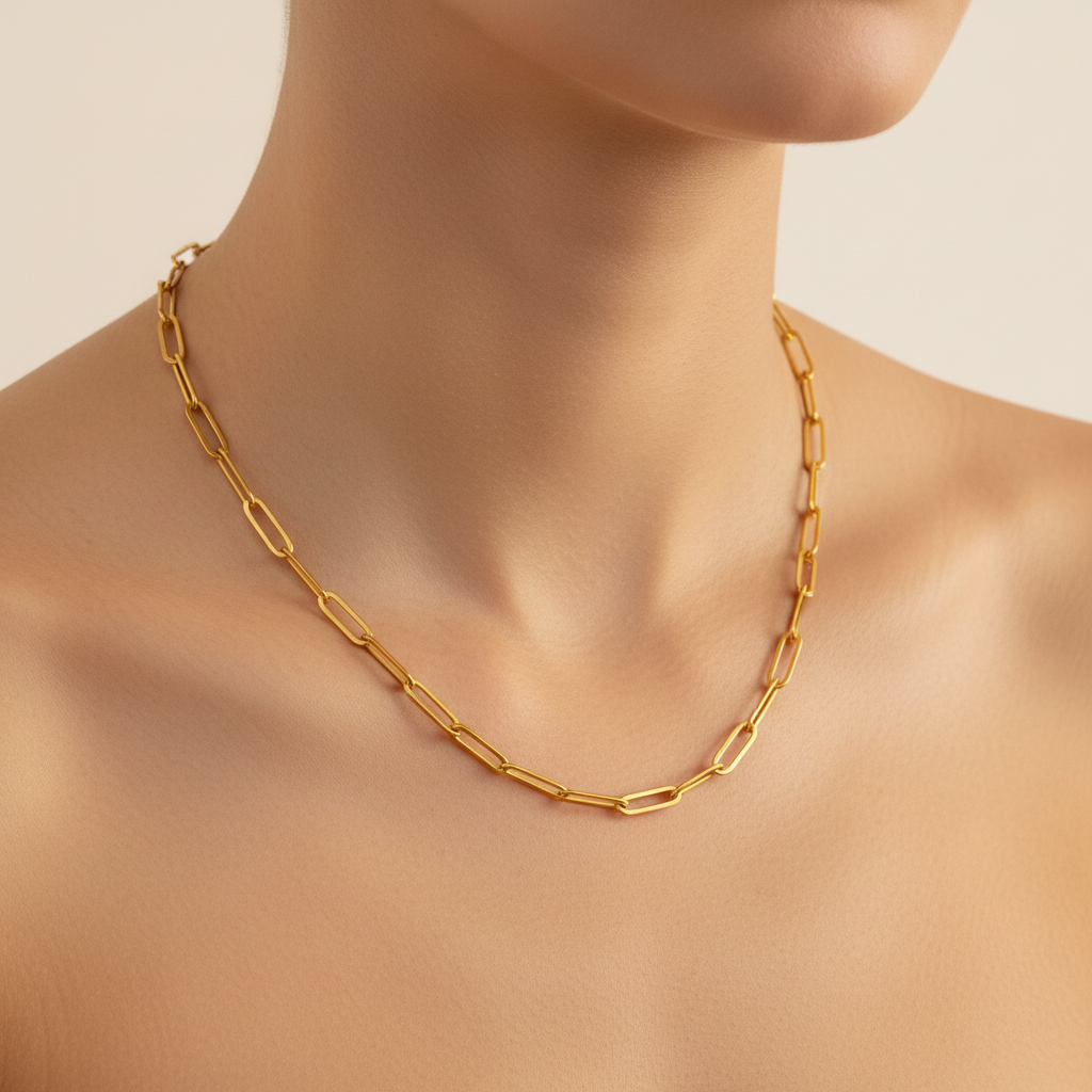 18k PVD plated Gold paperclip chain necklace on a neck