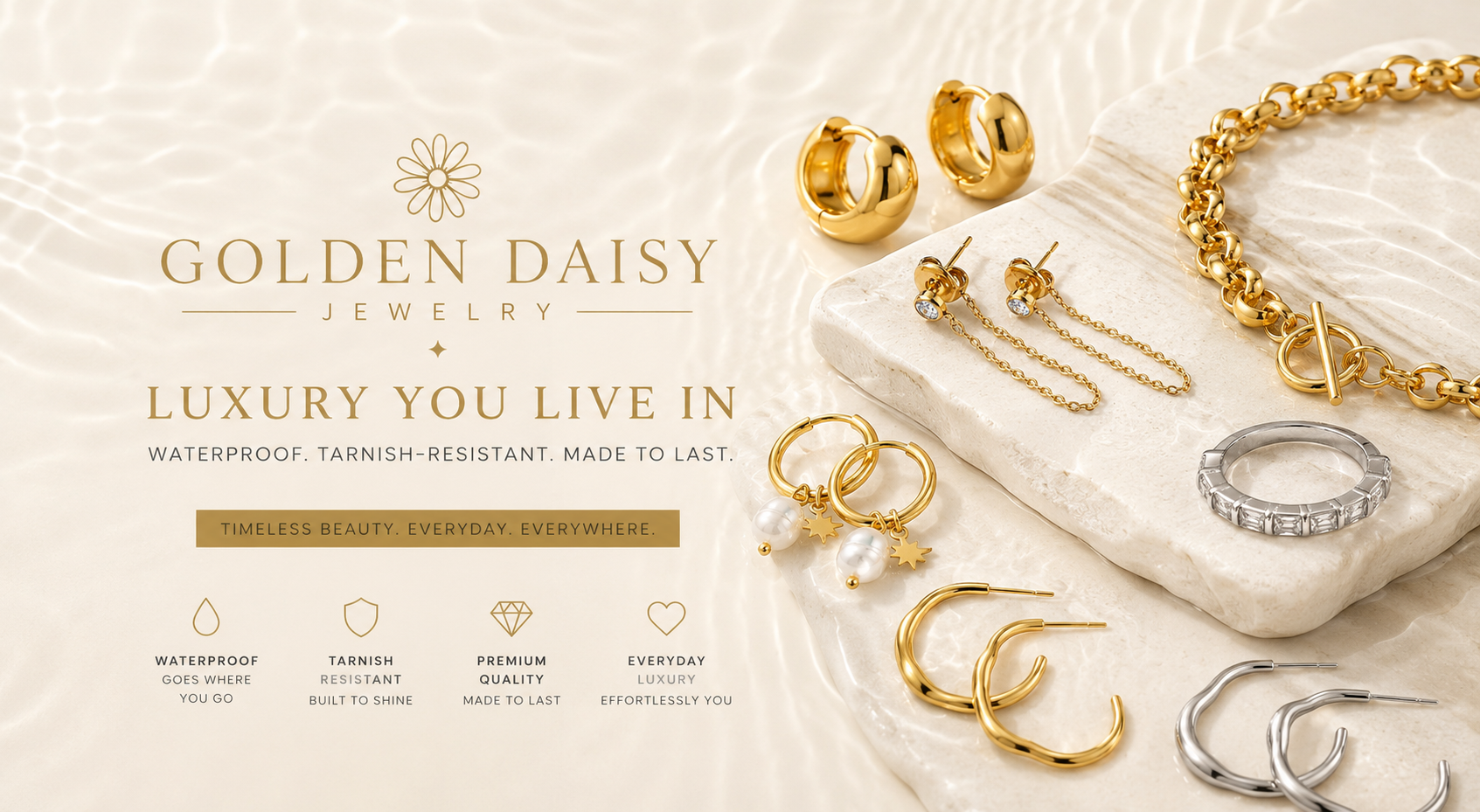 Collection of gold and silver waterproof jewelry with 'Golden Daisy Jewelry' branding on a textured beige background.