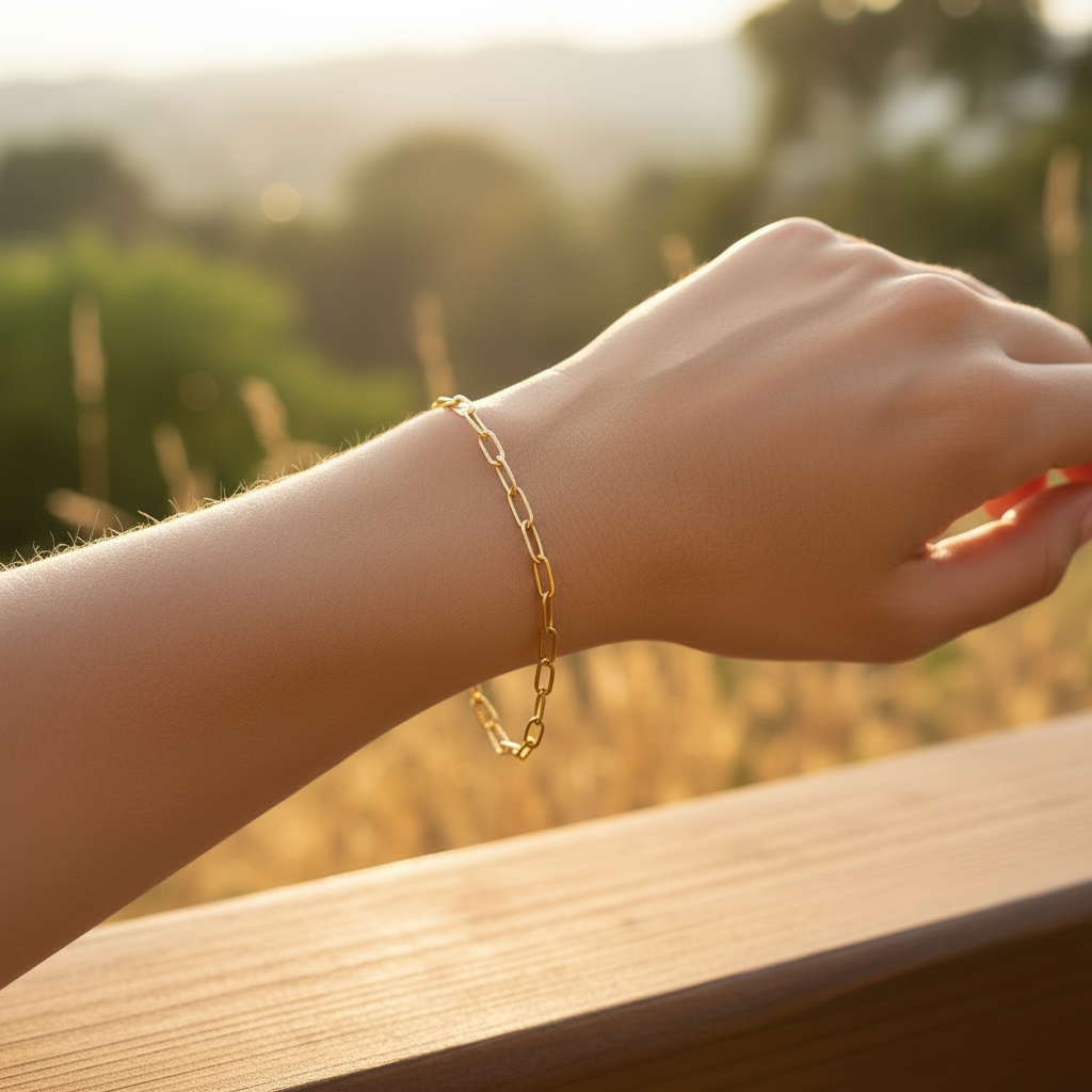 Waterproof Gold small paperclip chain bracelet on a wrist and outdoor background